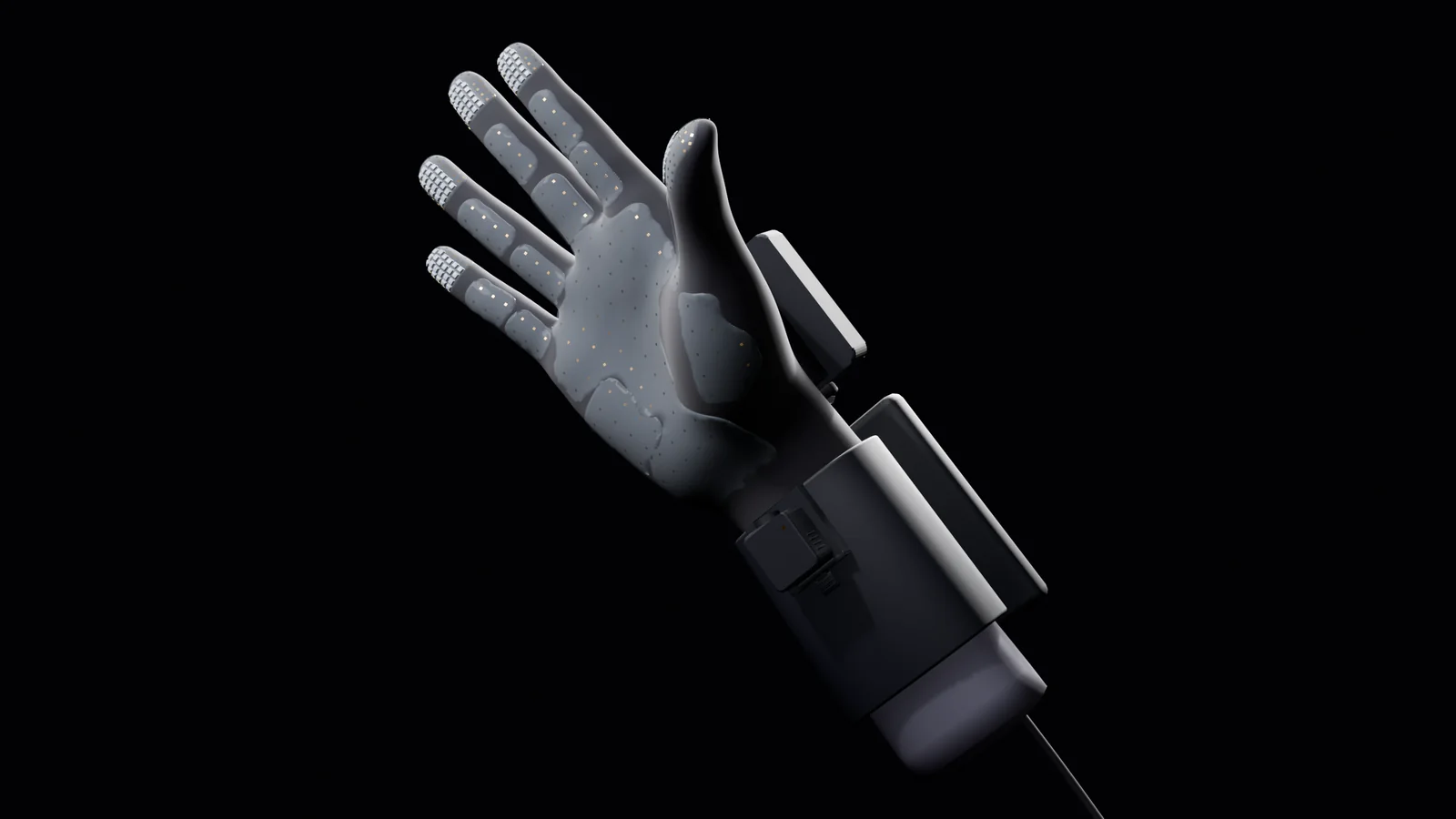 The Plureto Glove on a hand form, palm toward the camera: the fingertip keycap arrays, the cuff module and the wrist camera.